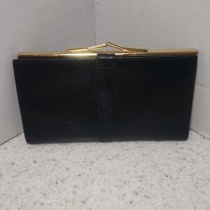Black Leather Clutch Wallet with Gold Frame